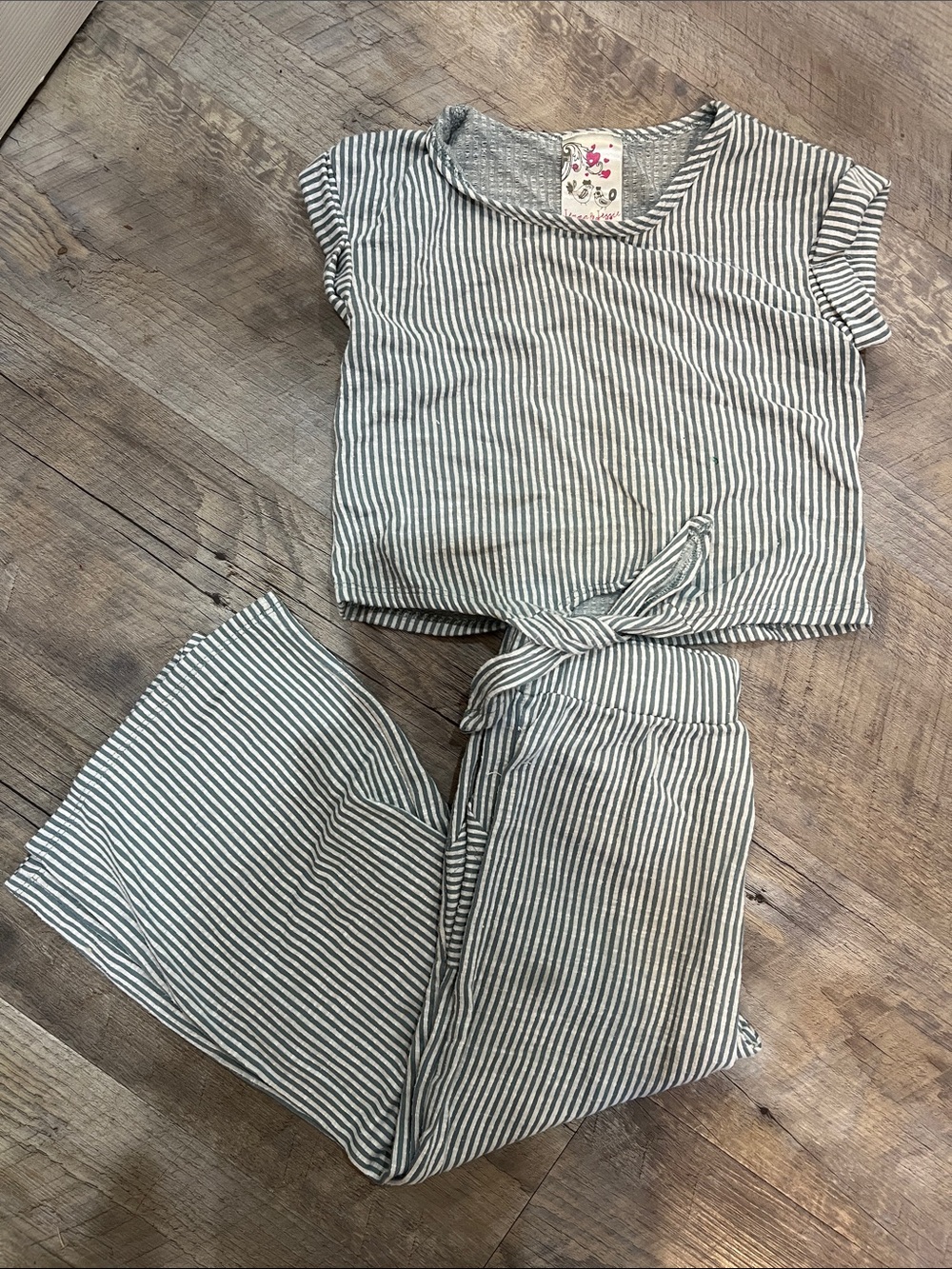 Striped Green & White Kids Pajama Set with Tie-Waist Top